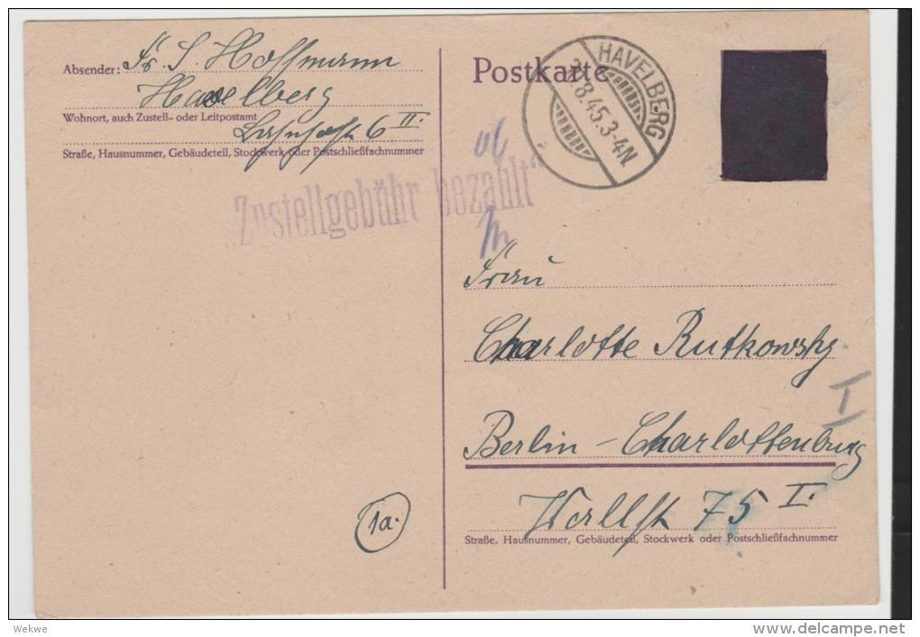 SBZ026a/DEUTSCHLAND -   Barfrankierung, Sondertype Aus Geschwärzter Hitler GA Havelberg 1945 - Postal  Stationery