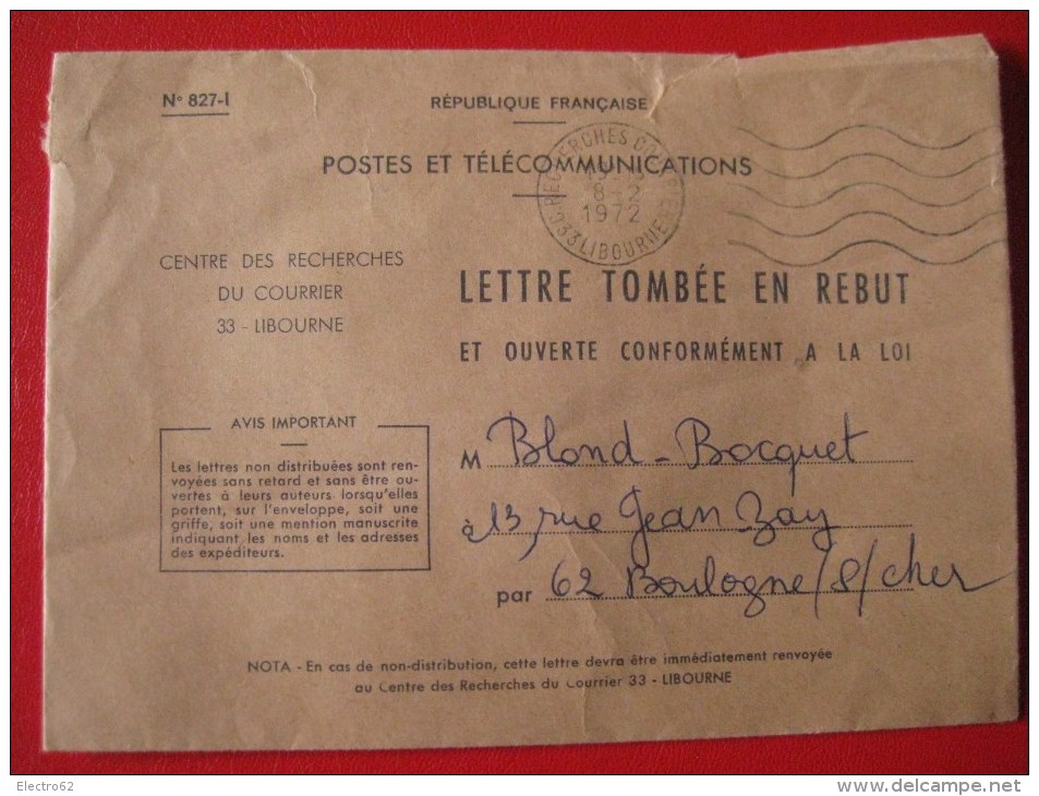 PTT Poste Lettre Tombée En Rebut, Centre De Recherche Du Courrier, Libourne, 8-2-1972 - Autres & Non Classés