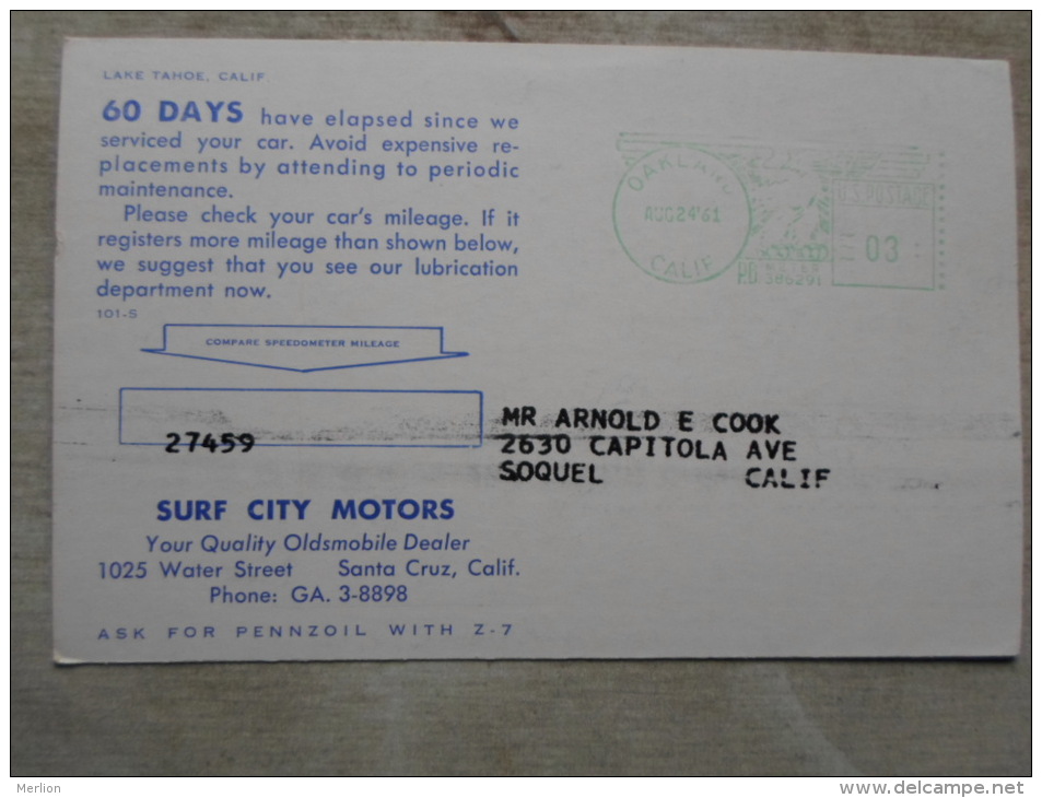 USA  CA  - Oakland  Lake Tahoe - Surf City Motors  -Mileage Card -  1961 - Regular Service     D123985 - Oakland