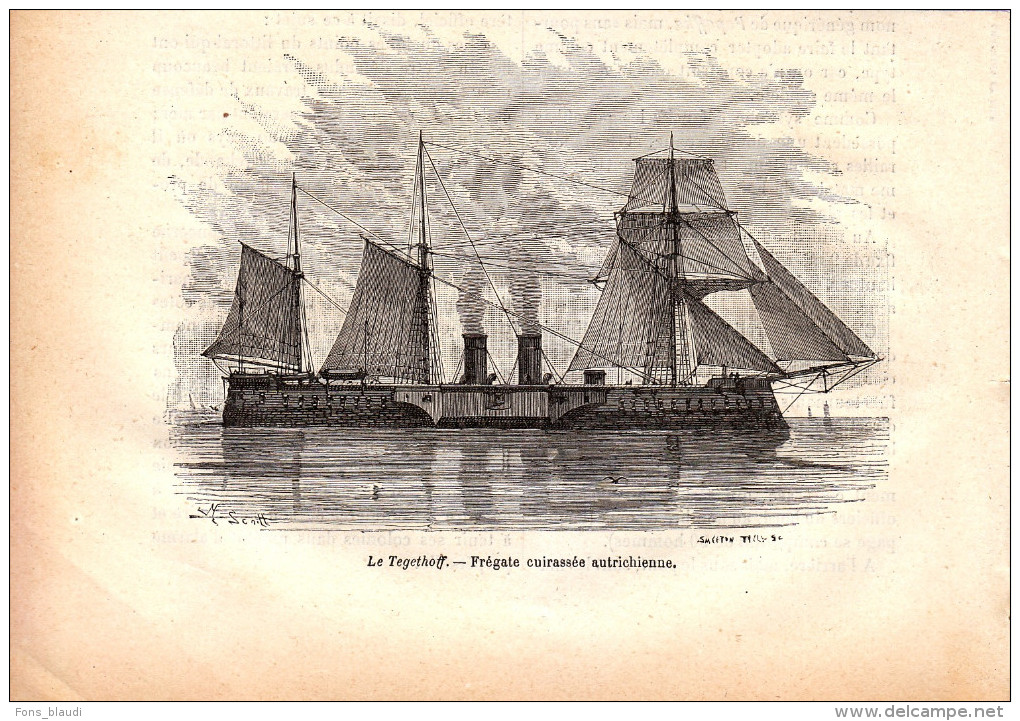 1884 - Gravure Sur Bois - Le Tegethoff - Frégate Cuirassée Autrichienne - FRANCO DE PORT - Schiffe