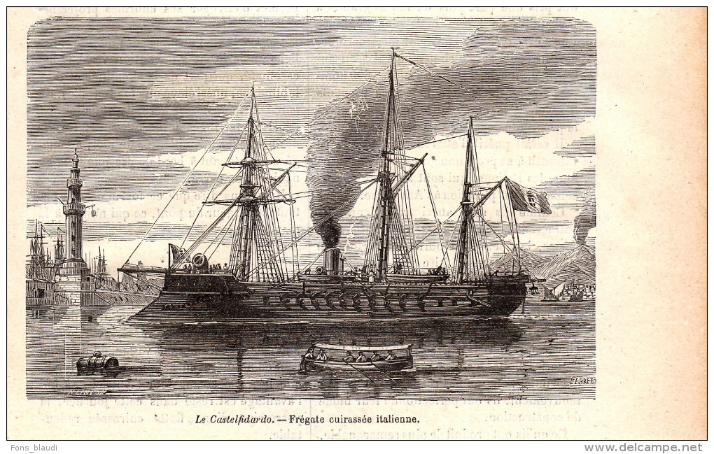 1884 - Gravure Sur Bois - Le Castelfidardo - Frégate Cuirassée Italienne - FRANCO DE PORT - Boten