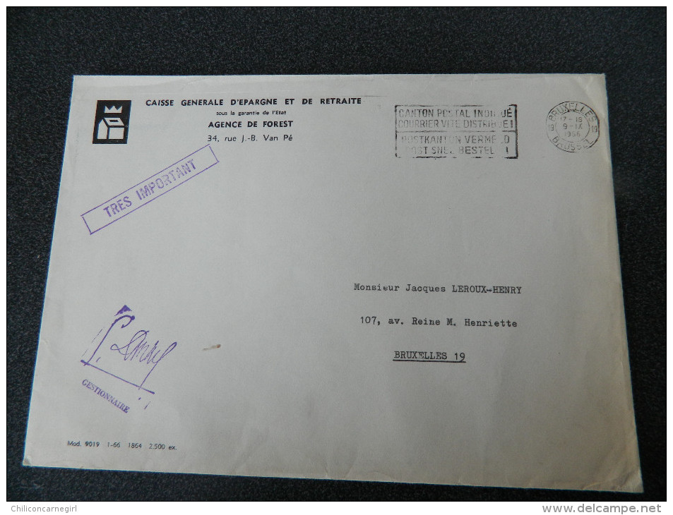 Enveloppe De 1966 - Caisse Générale D'Épargne Et De Retraite - Agence De Forest - Bruxelles - Collections