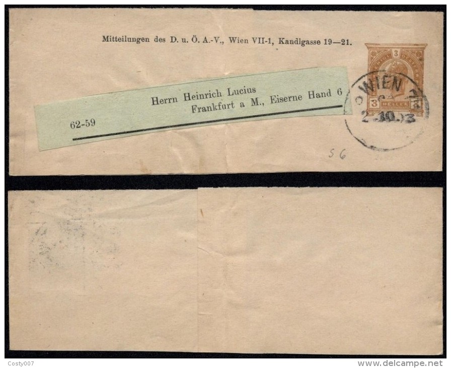 Austria 1903 Postal History Rare Old Wrapper Postal Stationery Wien To Frankfurt Germany DB.245 - Dagbladen