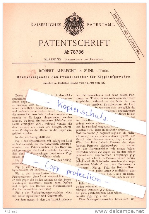 Original Patent - R. Albrecht In Suhl I. Thür. , 1894 , Schlittenaufzieher Für Kipplaufgewehre !!! - Documents