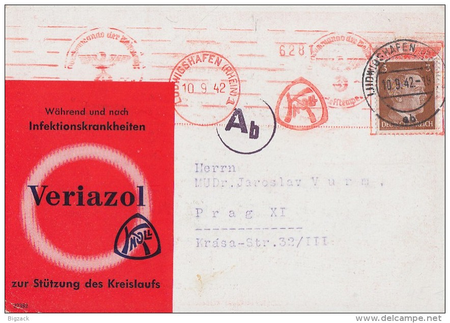 DR Werbekarte Veriazol EF Minr.782 Ludwigshafen 10.9.42 Gel. Nach Prag Zensur - Briefe U. Dokumente