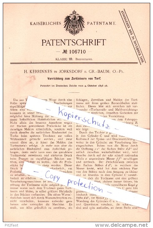 Original Patent - H. Kerrinnes In Jorksdorf B. Groß Baum , 1898 , Zerkleinern Von Torf , Ostpreußen !!! - Ostpreussen