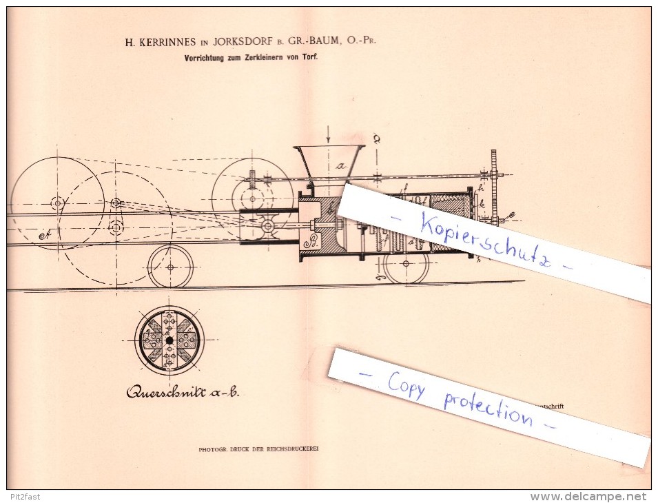 Original Patent - H. Kerrinnes In Jorksdorf B. Groß Baum , 1898 , Zerkleinern Von Torf , Ostpreußen !!! - Ostpreussen