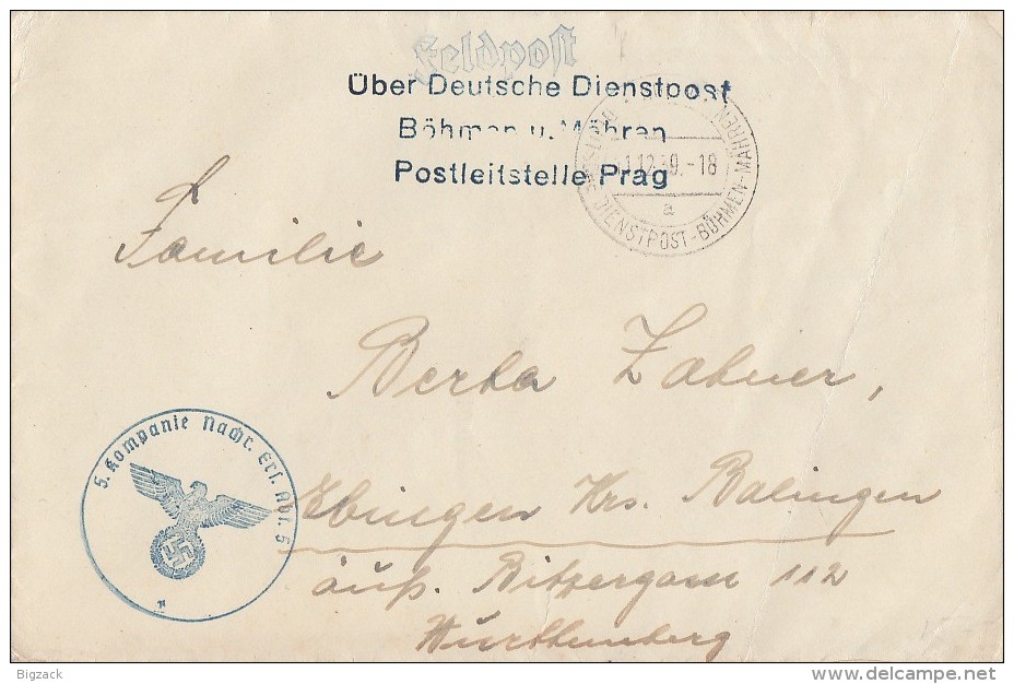 DR Feldpostbrief Über Dt. Dienstpost Böhmen U. Mähren Postleitstelle Prag 11.12.39 - Briefe U. Dokumente