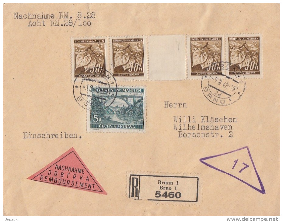 Böhmen & Mähren R-NN-Brief Mif Minr.4x 24 Davon 1x ZW, 57 Brünn 9.3.42 - Lettres & Documents