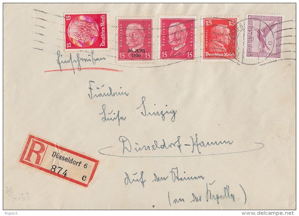 DR R-Brief Mif Minr.A379,391,414,445,470 Düsseldorf 31.7.33 - Briefe U. Dokumente