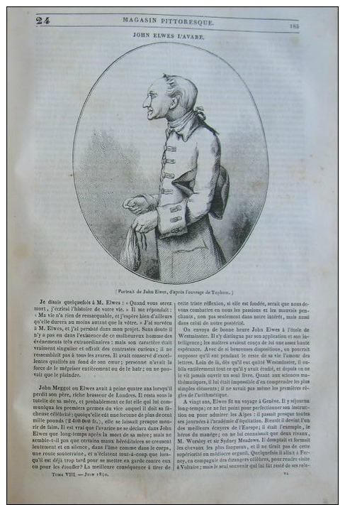MAGASIN PITTORESQUE 1840N°24: JOHN ELWES L'AVARE/GRECE COMBATS DE COQS ET DE CAILLES/GARGANTUA/TABLE DE SALOMON - 1800 - 1849