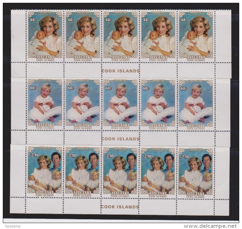 Aitutaki 1984 Christmas Royal Family Set 3 Marginal Strips Of 5 From Base Of Sheet MNH , 2 Units Creased - Aitutaki