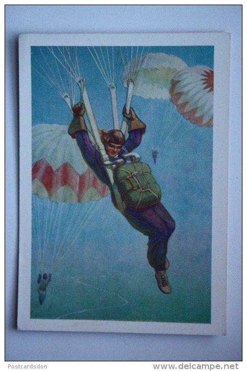 PARACHUTTING IN USSR (Girl Skydiver). OLD  RADIO PC - 1950s - Rare!!! - Fallschirmspringen