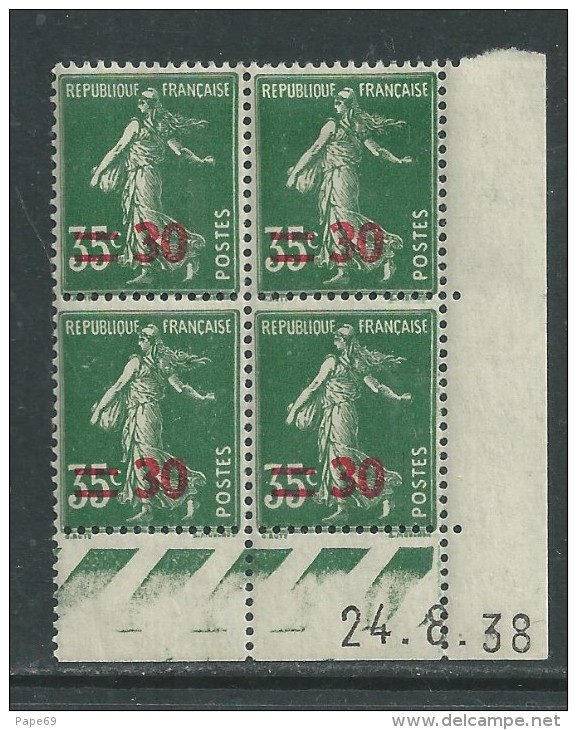 France N° 476 X : 30 C. Sur 35 C. Vert En Bloc De 4 Coin Daté Du 24 . 8 . 38  : Sans Point Blanctrace Charnière SinonTB - 1940-1949