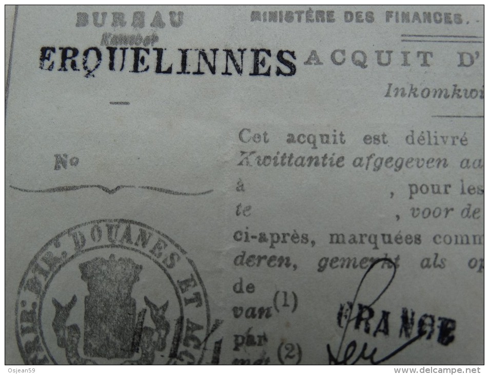 Administration Des Douanes Et Accises-bureau D'Erquelinnes  04 Mars 1913 - Verkehr & Transport