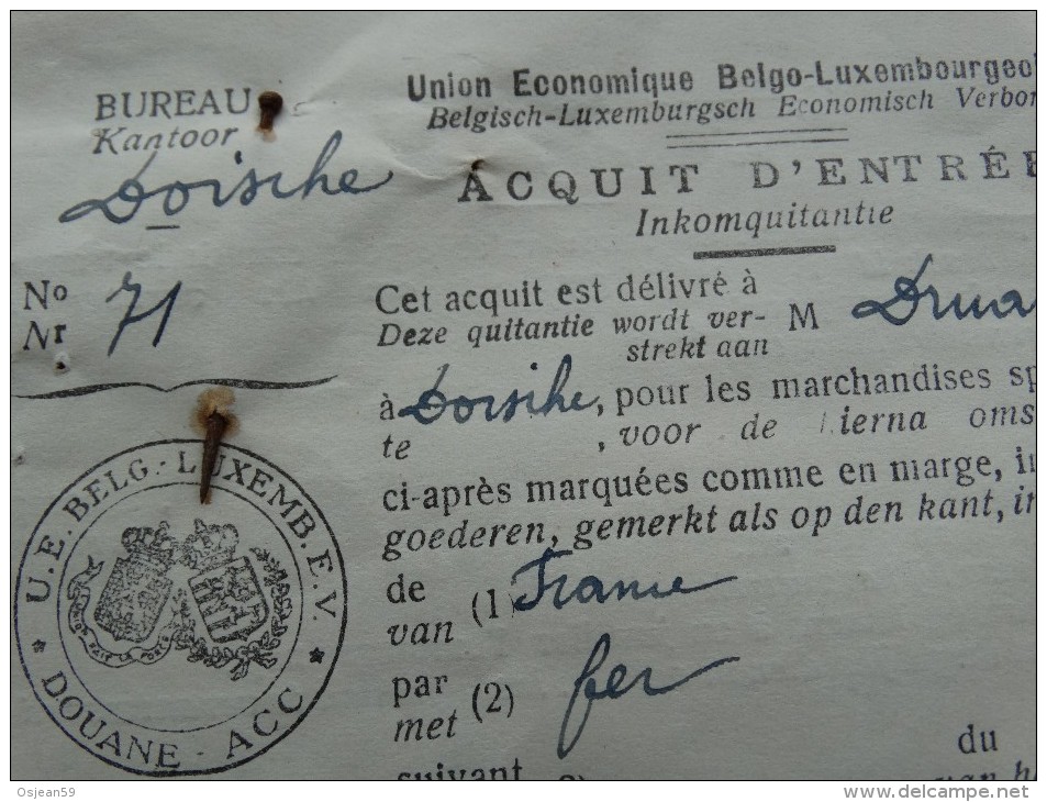 Administration Des Douanes Et Accises-bureau De Doische(Belgique) 16 Mars 1938 - Transport
