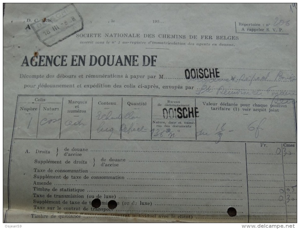 Administration Des Douanes Et Accises-bureau De Doische(Belgique) 16 Mars 1938 - Verkehr & Transport