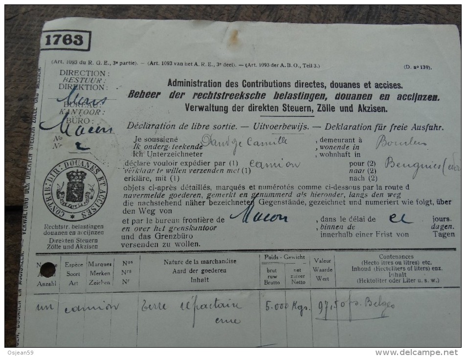 Administration Des Douanes Et Accises-bureau De Macon 11 Juin 1937 - Verkehr & Transport