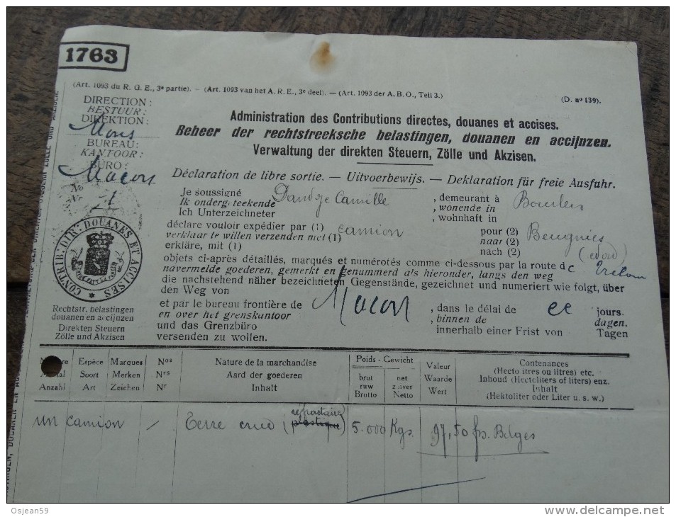 Administration Des Douanes Et Accises-bureau De Macon 11 Juin 1937 - Transports