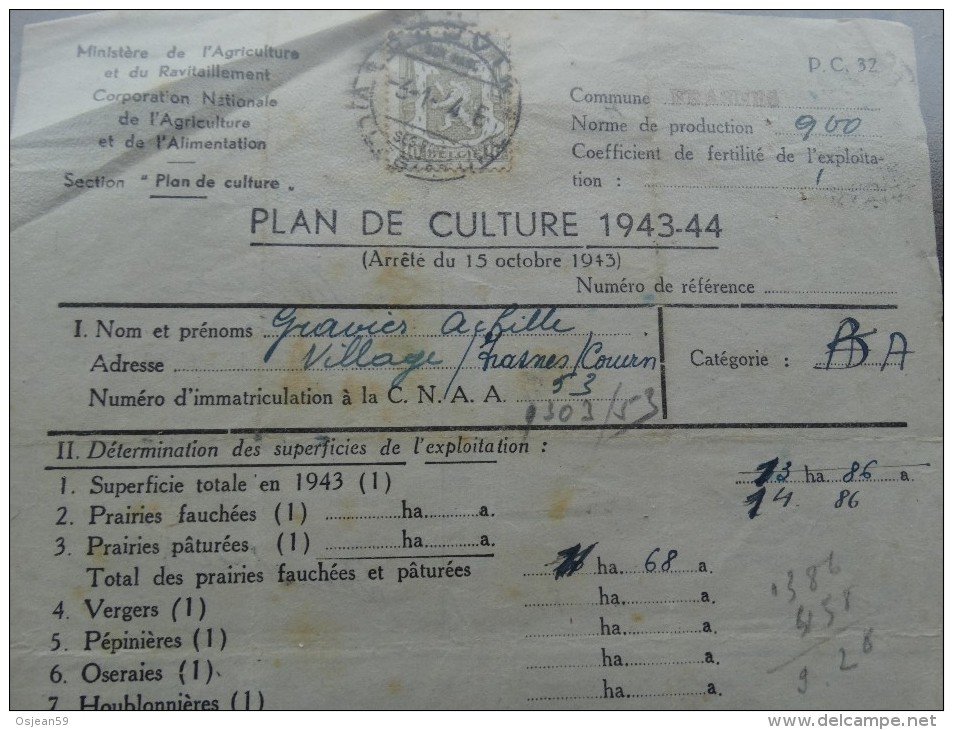 Plan De Culture 1943-1944 à Frasnes-les-Couvin(Belgique) - Agriculture