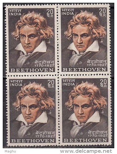 India MNH  (Gum Washed) 1970, Block Of 4, Ludwing Beethoven, Music Composer - Blocchi & Foglietti