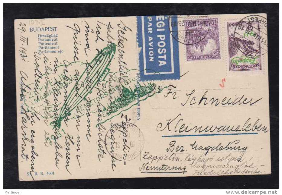 Ungarn Hungary 1931 Zeppelin Picture Postcard To Kleinwanzleben Germany - Storia Postale