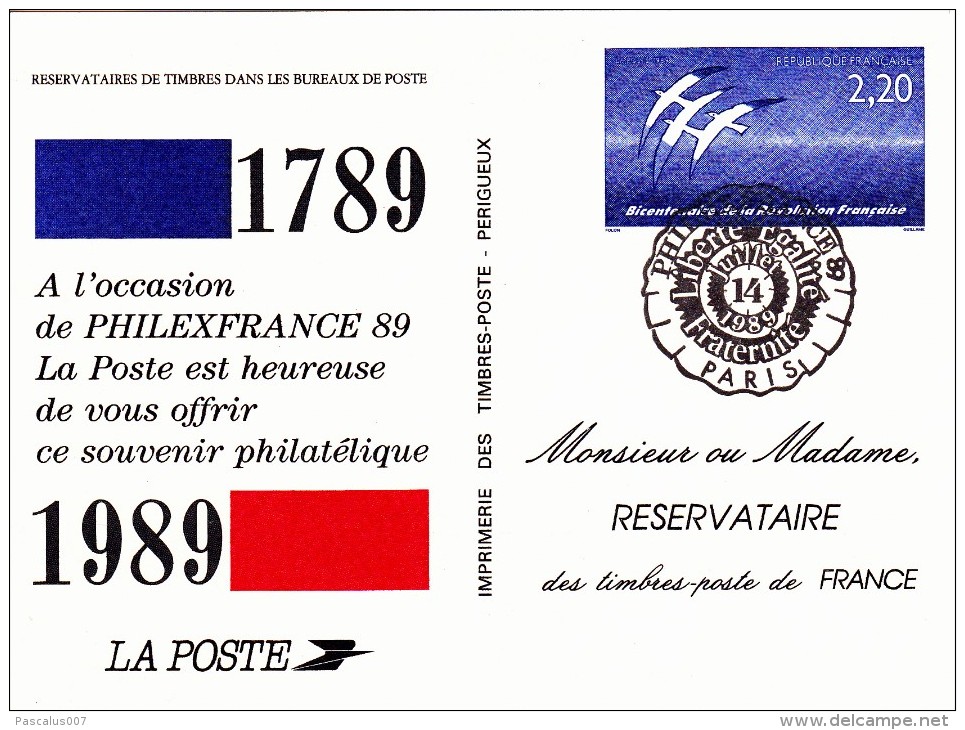 C01-053 - France CEP - Carte Entier Postal  Du 14-7-1989 - COB  - Cachet De Paris - Série  - Philex France 89 - 1€ - Lots Et Collections : Entiers Et PAP