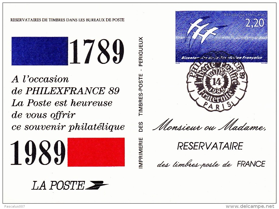 C01-056 - France CEP - Carte Entier Postal  Du 14-7-1989 - COB  - Cachet De Paris - Série  - Philex France 89 - 1€ - Lots Et Collections : Entiers Et PAP