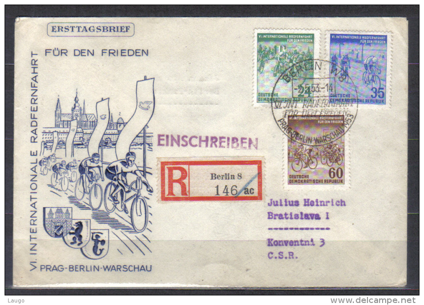 East Germany FDC Mi 355-357 Cycling  Peace Races Sent As Registered Letter   Berlin  1953 - Ciclismo