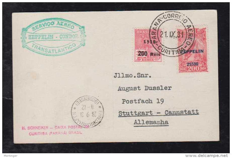 Brazil Brasil 1931 Zeppelin Postcard With Indio To Stuttgart Cannstatt - Poste Aérienne (Compagnies Privées)