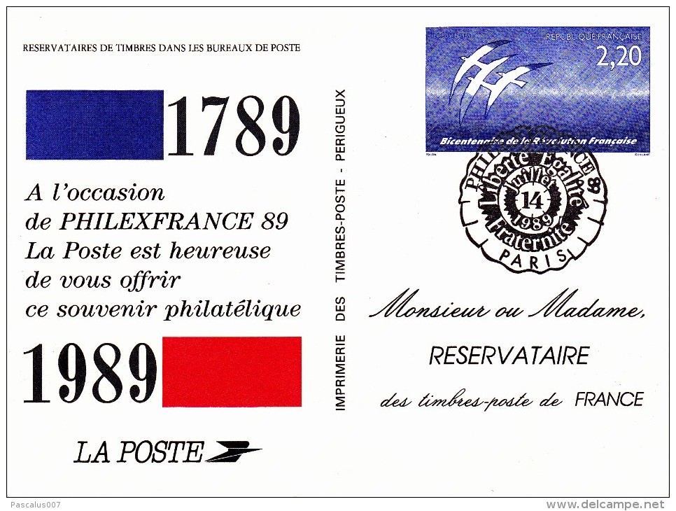 C01-070 - France CEP - Carte Entier Postal  Du 14-7-1989 - COB  - Cachet De Paris - Série  - Philex France 89 - 1€ - Lots Et Collections : Entiers Et PAP