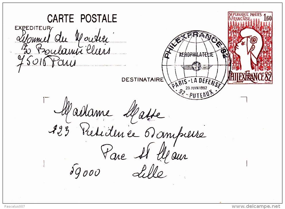 C01-079 - France CEP - Carte Entier Postal  Du 20-6-1982 - COB  - Cachet De 92 Puteaux - Série  - Philex France 82 - Aér - Collections & Lots: Stationery & PAP