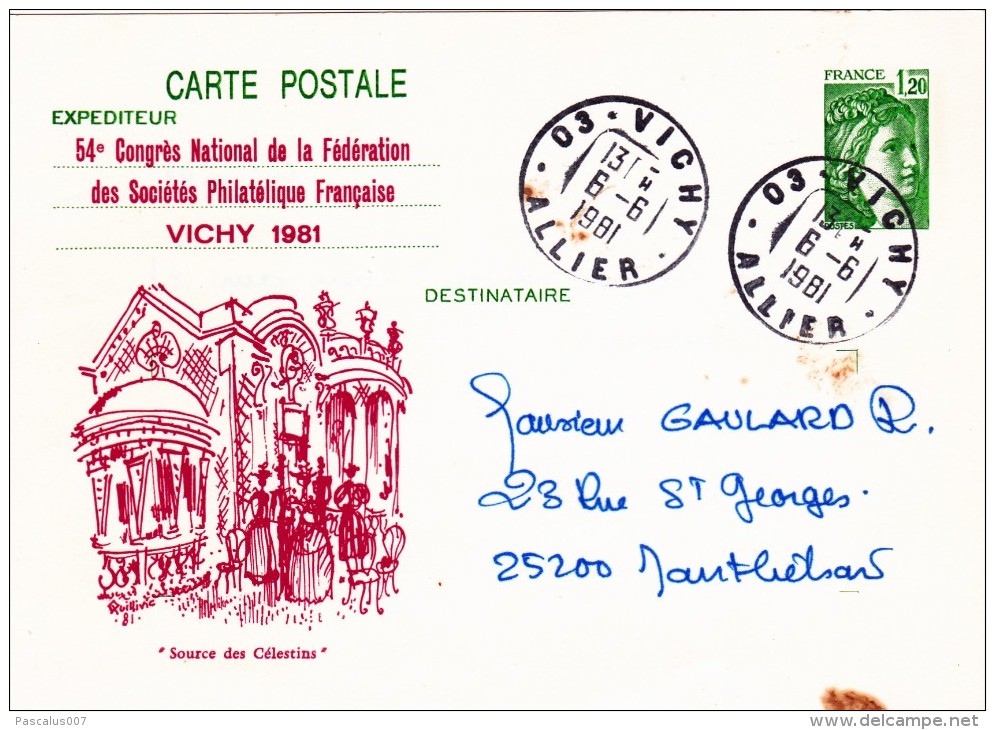 C01-088 - France CEP - Carte Entier Postal  Du 6-6-1981 - COB  - Cachet De Allier - Série  - Source Des Célestins - 1€ - Lots Et Collections : Entiers Et PAP