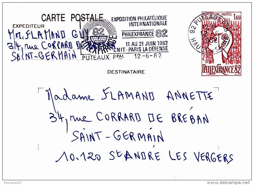 C01-089 - France CEP - Carte Entier Postal  Du 12-6-1982 - COB  - Cachet De 92 Puteaux - Série  - Philex France 82 - Par - Verzamelingen En Reeksen: PAP