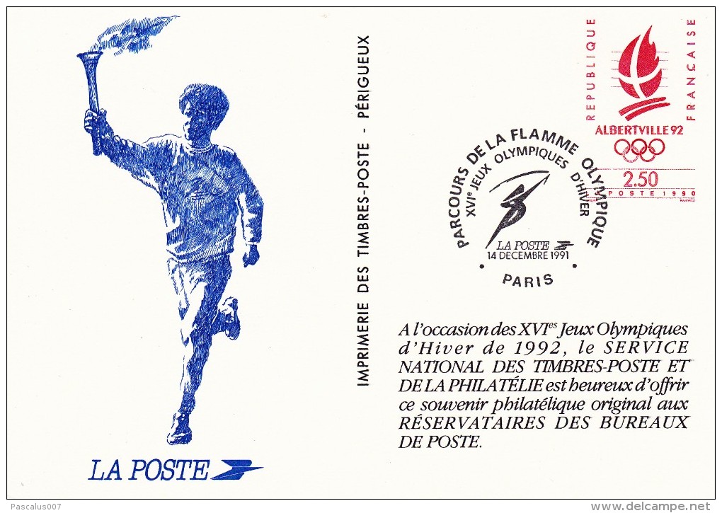 C01-094 - France CEP - Carte Entier Postal  Du 14-12-1991 - COB  - Cachet De Paris - Série  - Parcours De La Flamme Olym - Verzamelingen En Reeksen: PAP