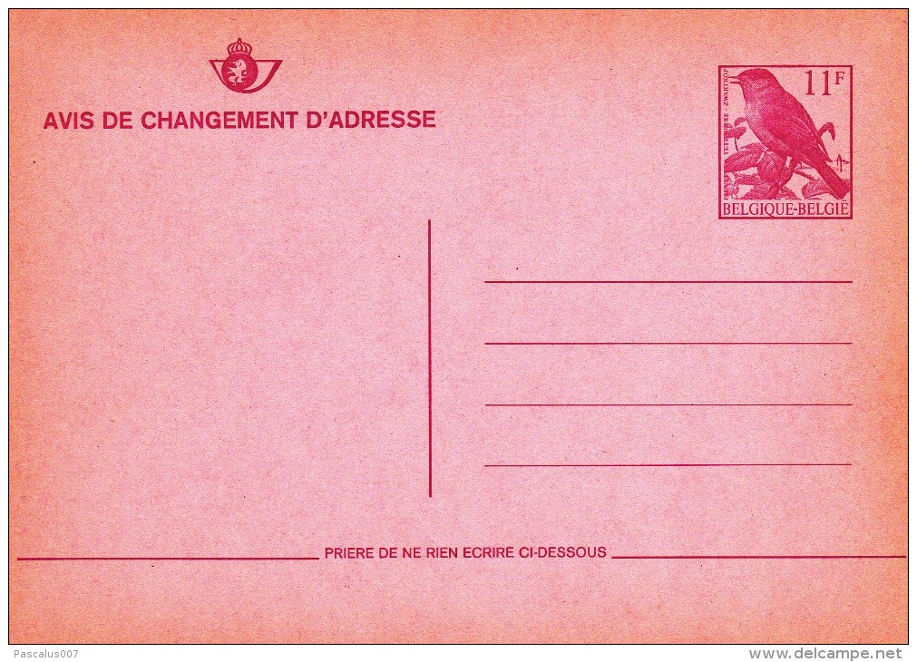 C01-105 - Belgique CEP - Carte Entier Postal  Du 0-1-1900 - COB  - Cachet De Vierge - Série Oiseau - Avis De Changement - Adreswijziging