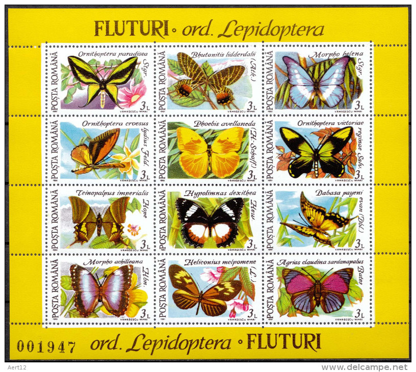 ROMANIA, 1991, Butterflies And Moths,  2 Sheets, 12 Stamps/sheet, MNH (**), LPMP/Sc. 1267/3696-97 - Nuovi