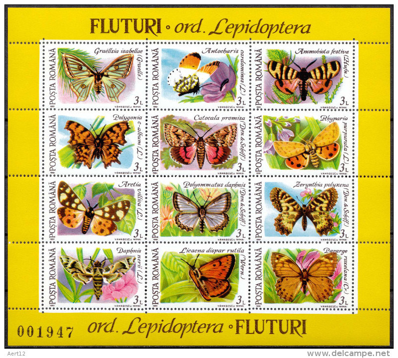 ROMANIA, 1991, Butterflies And Moths,  2 Sheets, 12 Stamps/sheet, MNH (**), LPMP/Sc. 1267/3696-97 - Ongebruikt