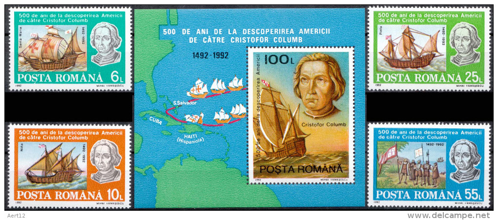 ROMANIA, 1992, Discovery Of America, Columbus, Set Of 4 + Souvenir Sheet, MNH (**), LPMP/Sc. 1296-97/3770-74 - Ungebraucht