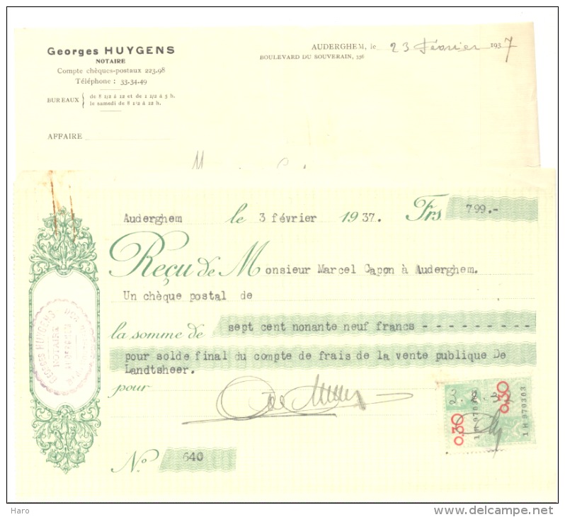 Lot : De 1 Lettre à Entête + 1 Reçu  - Notaire Georges HUYGENS, AUDERGHEM  1937 (b161) - 1900 – 1949
