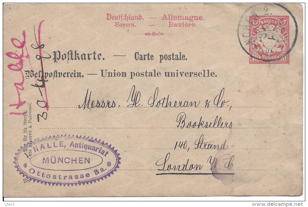 Entier Postal 10 Pfennig Rouge Type Armoiries Munchen Munich Pour Londres Grande Bretagne Date 1898 Petit Défaut - Autres & Non Classés