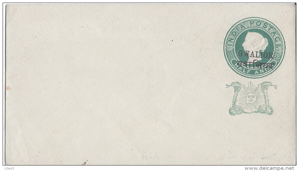 Entier Postal Enveloppe Timbre Half Anna Vert Surchargé Gwalior Et Serpent (cobra) Et Soleil En Vert. Superbe. Neuf - Gwalior
