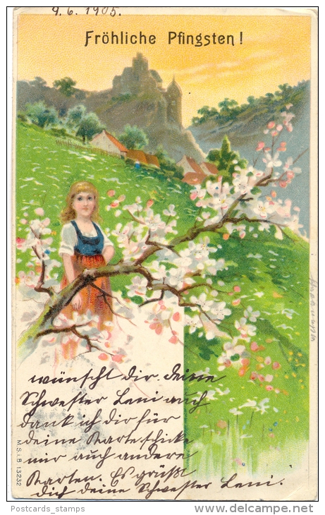 Pfingsten, Mädchen, Wiese, Blühender Baum, 1905 - Pinksteren