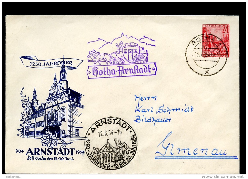 DDR PU12 D2/001 Privat-Umschlag 1250-JAHR-FEIER ARNSTADT Postkutsche Sost.1954  NGK 20,00 € - Buste Private - Usati