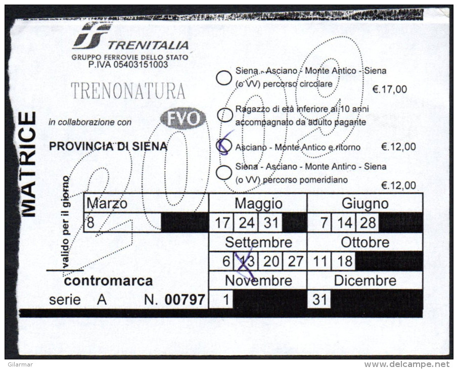 ITALIA - TRENITALIA - GRUPPO FERROVIE DELLO STATO - BIGLIETTO TRENO NATURA - ASCIANO / MONTE ANTICO E RITORNO - Europe