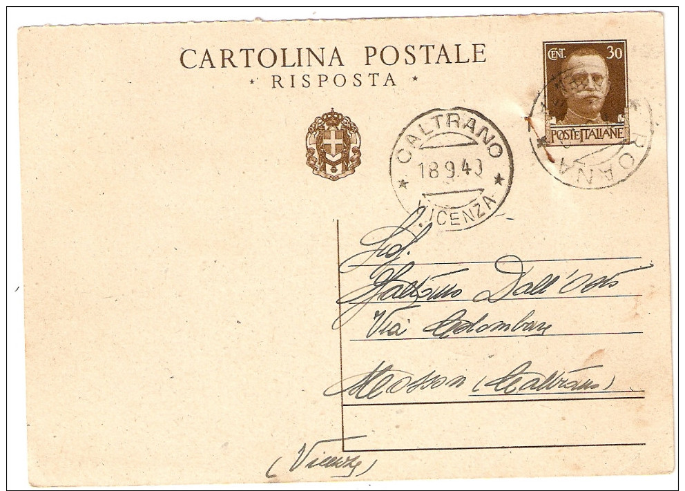 CARTOLINA POSTALE . RISPOSTA  CENT. 30 - Interi Postali