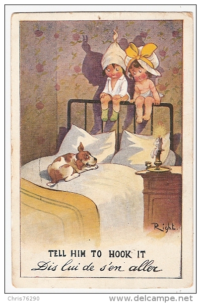 Carte Fantaisie Humour Illustrateur RIGHT Lapina Enfants Sur Lit Ayant Peur Du Chien Children On Bed Afraid By Dog - Right