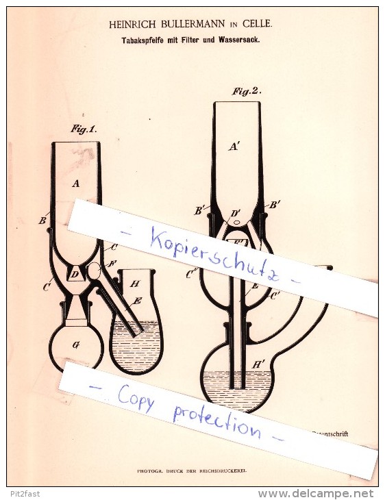 Original Patent - Heinrich Bullermann In Celle , 1893 , Tabakspfeife Mit Filter Und Wassersack , Wasserpfeife !!! - Pipes à Eau