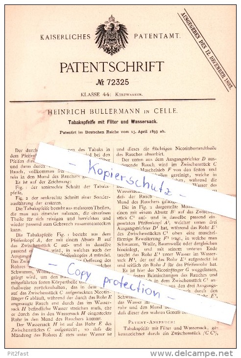 Original Patent - Heinrich Bullermann In Celle , 1893 , Tabakspfeife Mit Filter Und Wassersack , Wasserpfeife !!! - Pipes à Eau