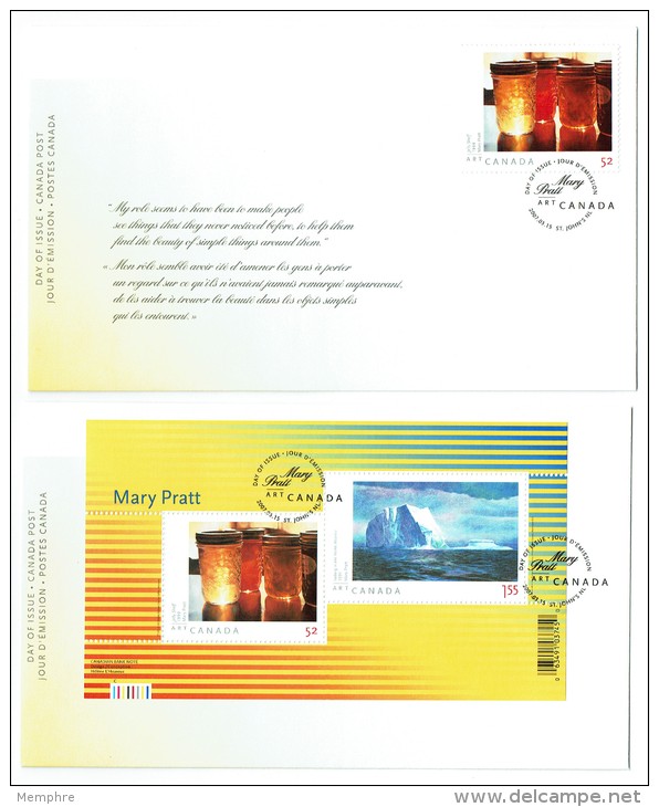 2007 Mary Pratt, Painter SC 2211-2  Single And Souvenir Sheet On 2 FDCs - 2001-2010